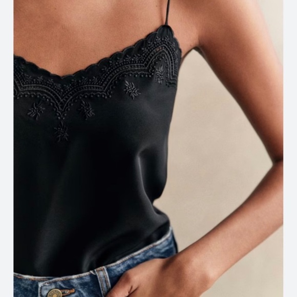 Sézane Palma Silk Embroidered Black Cami - EU 42/US 10 - Picture 2 of 10